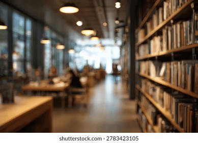 A warm and inviting library interior featuring tall bookshelves filled with books and a comfortable seating area with patrons.
