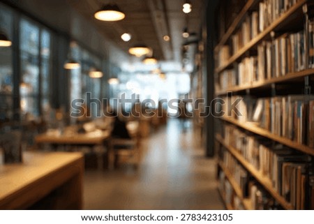 A warm and inviting library interior featuring tall bookshelves filled with books and a comfortable seating area with patrons.