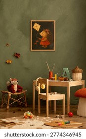 Warm and inviting playroom setup featuring a small wooden table and chair, colorful artwork with a hedgehog, and various toys and decorations. The mood is cheerful and imaginative, set against a soft green wall, ideal for childhood themes, interior design, and educational content