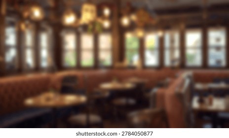 Warm and inviting restaurant interior featuring comfortable booths, tables, and large windows allowing natural light to fill the space. Perfect for dining.