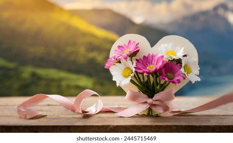 A warm and inviting scene celebrating Mother's Day. A bouquet of vibrant [flower type(s)] sits on a rustic wooden table. Beside the flowers, a handwritten card with a loving message rests against  - Powered by Shutterstock