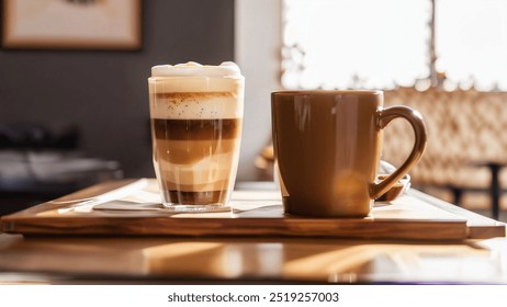 A warm, inviting café scene with a hot latte, latte art, and sunlight streaming in. Ideal for promoting coffee brands or inspiring creativity with its cozy, productive atmosphere. - Powered by Shutterstock