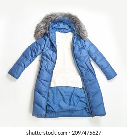 Warm Jacket On A White Background. Women's Stylish Autumn Or Winter Clothes. Cozy Winter Look. Flat Lay, Top View.