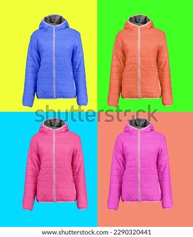 Warm jackets on a colored background. Four types. Photo on a mannequin.
