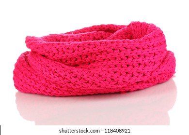 Warm Knitted Scarf Pink Isolated On White