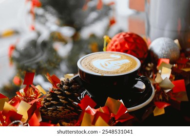 A warm latte art surrounded by pinecones, red and gold holiday decor, and blurred Christmas tree lights in the background. Perfect for holiday promotions, seasonal marketing and festive discounts. - Powered by Shutterstock