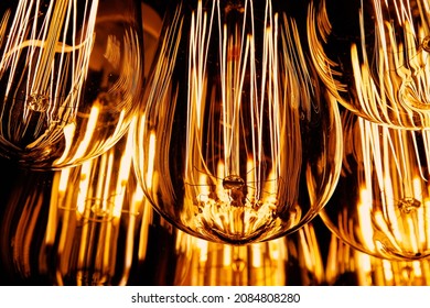 Warm light bulb, close up of filaments inside.