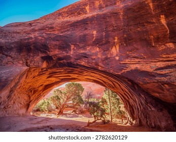 Warm light illuminates the curved underside of a massive red rock formation while green trees stand in the shaded desert landscape below.