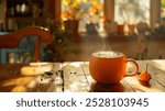 A warm orange pumpkin-themed coffee mug filled with steaming coffee sits on a wooden table, capturing the essence of a cozy autumn morning indoors.