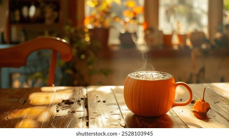 A warm orange pumpkin-themed coffee mug filled with steaming coffee sits on a wooden table, capturing the essence of a cozy autumn morning indoors. - Powered by Shutterstock