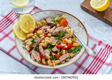 Warm Pasta Salad With Tuna, Roasted Red Pepper And Pine Nuts