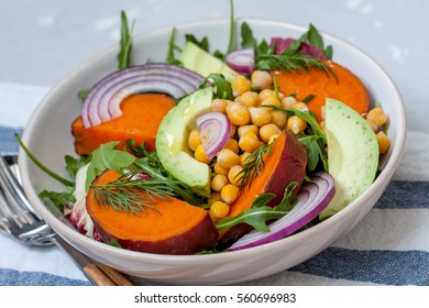 Warm Salad With Sweet Potato And Chickpeas. Love For A Healthy Food Concept