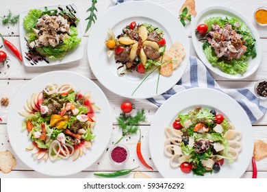 Warm Salads Assortment On Restaurant Table Flat Lay. Top View On Buffet With Variety Of Meat Side Dishes. Menu, Banquet, Food Set, Party Concept