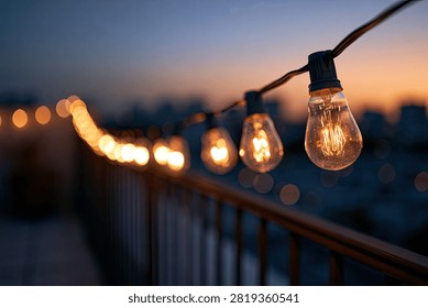 Warm string lights glow against a twilight sky, casting a magical ambiance over a city skyline.