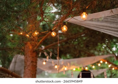 Warm string lights hang gracefully among tree branches, creating a cozy atmosphere. the lights illuminate the green foliage, evoking a serene outdoor setting perfect for gatherings.