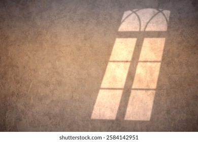 Warm sunlight casts a soft shadow of an arched window on a textured wall, creating a peaceful, minimalist atmosphere. Ideal for backgrounds, design elements, and creative compositions.