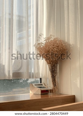 Warm sunlight coming through a cafe window with dried flowers and a vintage cash register