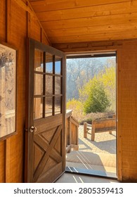 Warm sunlight streaming through an open wooden door, revealing a serene garden patio with lush greenery and autumn colors.