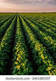 Warm sunset light bathing the endless rows of a vibrant soybean crop