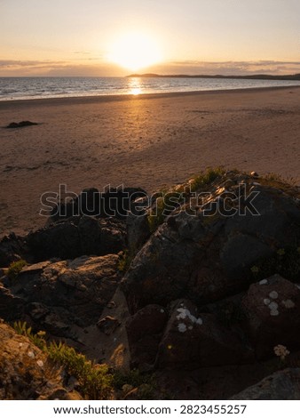 Warm sunset light illuminates rugged coastal rocks overlooking the sandy shoreline and sea at Llanddwyn Beach on the Isle of Anglesey, Wales.