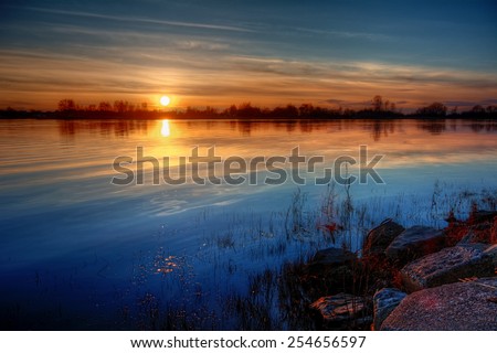 Warm sunset with the outline of trees on the horizon