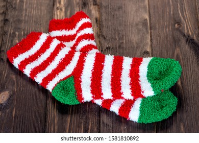 Warm Terry Striped Socks On Dark Boards Closeup