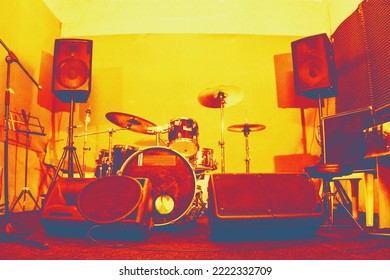 Warm vintage toned musical photo background, drummer plays. Thermography gradients, retro glitch, noise, selective focus