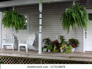 Warm And Welcoming Southern Front Porch, With Potted Plants, Hanging Ferns And Two Adirondack Chairs For Visiting.