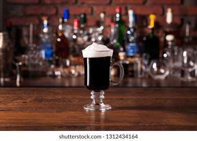 Warm Whiskey Irish Coffee Cocktail On A Bar