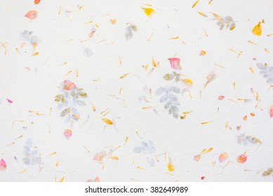 Warm White Hand Made Rough Rice Mulberry Paper With Red And Yellow Flower Petal And Seed Texture Background And Wallpaper 