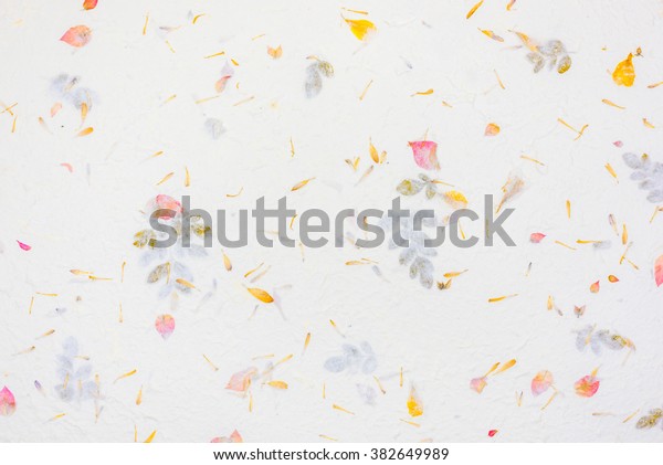 赤と黄色の花びらと種のテクスチャ背景に暖かい白い手で粗い米の桑の紙と壁紙 の写真素材 今すぐ編集