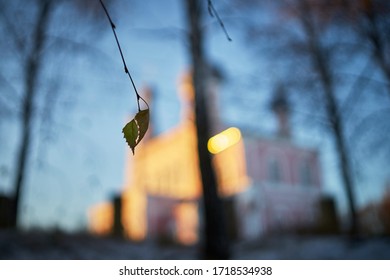 Warm Winter Landscape Of Sunset Blue Sky With Church On Background   