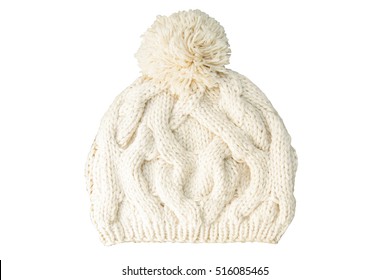 Warm Winter White Knitted Wool Hat Isolated On White Background.