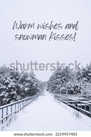 Warm wishes and snowman kisses Inspiration joke quote phrase Winter holiday landscape forest Dramatic view of snow-capped spruces on frosty day. New Year and christmas greeting card Vertical