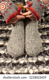 Warm Woolen Clothes. Close-up Of Warm Mittens And Socks.