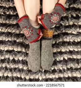 Warm Woolen Clothes. Close-up Of Warm Mittens And Socks.