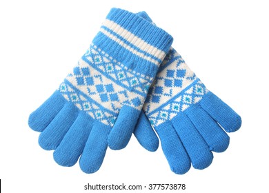 Warm woolen knitted gloves isolated on white background