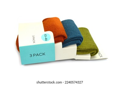 Warm woolen socks isolated on white background. Pack of color socks isolated on white background