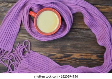 A Warming Drink And A Cozy Warm Scarf Protection For The Body In Cold Weather No People. Concept Hygge. 