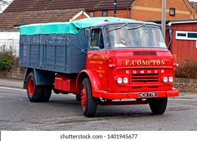 Warminster, Wiltshire / UK - April 3 2016: A 1971 Commer Diesel Lorry Sets Off From The Warminster Central Car Park On The Warminster Commercial Transport In Preservation Spring Road Run