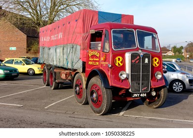 Warminster, Wiltshire, UK - February 28, 2016: A 1949 AEC Mammoth Major Lorry At The Warminster Central Car Park During The 2016 Commercial Transport In Preservation Vintage Gathering        