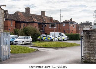 Warminster, Wiltshire, UK, March 18 2021, A Variety Of Police Cars And A Police Van Parked Up Outside The Back Of A Police Station