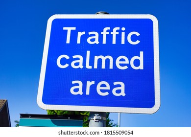 Warminster, Wiltshire / UK - September 14 2020: A Traffic Calmed Area Road Sign In A Residential Street Indicating That A Motorist Is Approaching Traffic Calming Devices.                