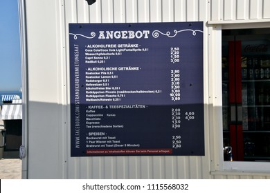 Warnemunde, Germany - June 8, 2018: Price List In German For Refreshments Sold At Beach Snack Bar