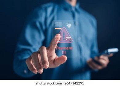 Warning alert for online payment scam with digital interface, security threat and fraud detection. Ideal for financial risk awareness, cybersecurity, e-commerce protection, and scam prevention.