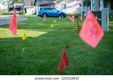 Warning flags on the green grass of a residential lawn, used to prevent injury when digging for landscaping.