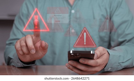 A warning icon projecting from smartphone, representing system error, malware alert, or security warning concept.