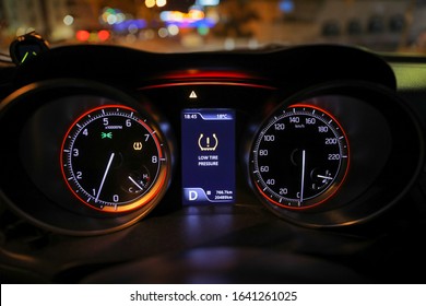 Warning Lights Flash On Car Dashboard. Low Tire Pressure Error Sign.