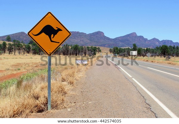 Warning road signs for kangaroos and fire\
caution restrictions in Flinders Ranges National Park, Australian\
highway in South\
Australia