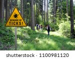 Warning sign "beware of ticks" in infested area in the green forest with walkers